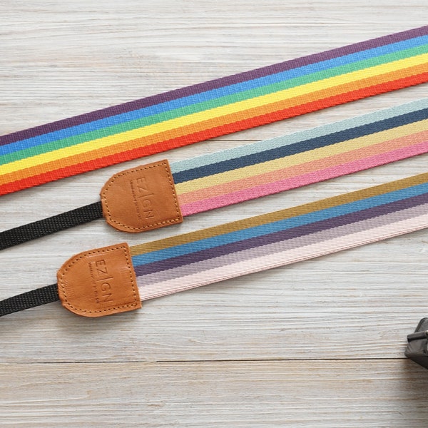 Regenbogen Streifen Kameragurt, Regular und Pastell Regenbogen DSLR Kameragurt, gewebtes Gurtband, LGBTQI Geschenke, 2022 Photography Collection