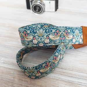 Birds & Flowers Camera Strap, DSLR Camera Sling, Padded Strap, Outdoor Photography Liberty of London Fabric Strap Strawberry Thief Green image 6