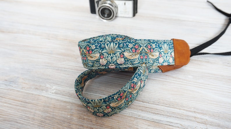 Birds & Flowers Camera Strap, DSLR Camera Sling, Padded Strap, Outdoor Photography Liberty of London Fabric Strap Strawberry Thief Green image 6