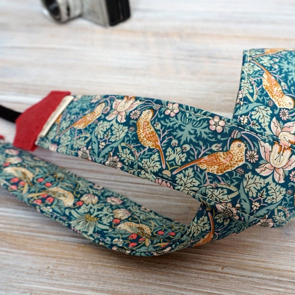 Birds Camera Strap, Strawberry Thief  Fabric Binoculars Strap, DSLR Photography, Camera Geeks, Liberty of London Strawberry Thief Green