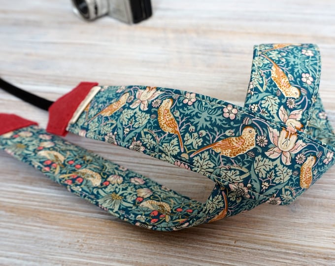 Green DSLR Camera Strap, Strawberry Thief Print Binoculars Strap, William Morris Design