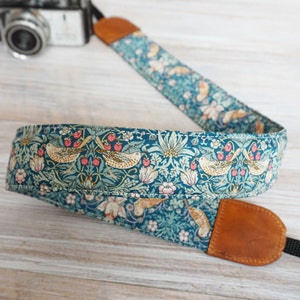 Birds & Flowers Camera Strap, DSLR Camera Sling, Padded Strap, Outdoor Photography Liberty of London Fabric Strap Strawberry Thief Green