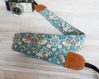 Birds & Flowers Camera Strap, DSLR Camera Sling, Padded Strap, Outdoor Photography Liberty of London Fabric Strap Strawberry Thief Green