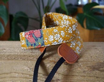 Liberty London Camera Strap: Mustard Yellow Floral, Leather Ends