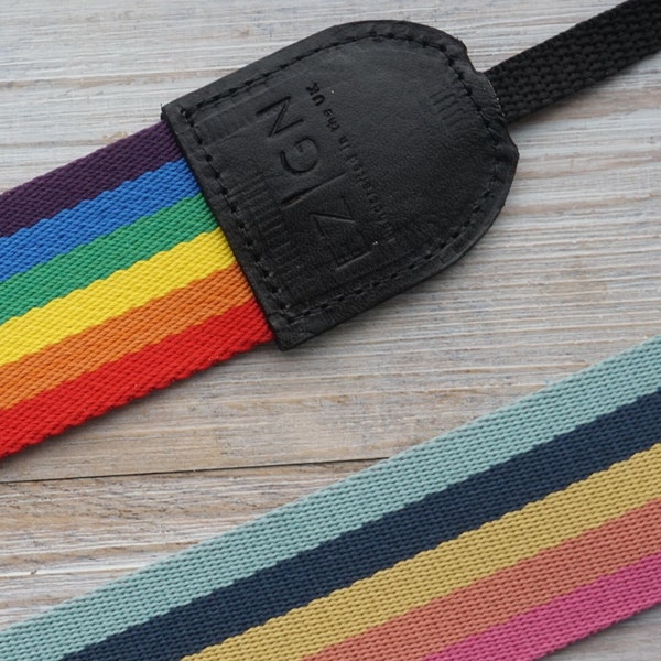 Rainbow Stripe Camera Strap w Black Leather End Tab, Pastel Rainbow DSLR Camera Strap, Woven Webbing, LGBTQI Gifts, Photography Collection