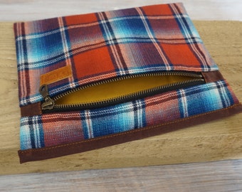 Orange Tartan Zipper Case, Orange Blue Check Organizer Pouch, Wool Mix High Quality Makeup Bag, YKK Metal Zipper Pencil Case, style OVA