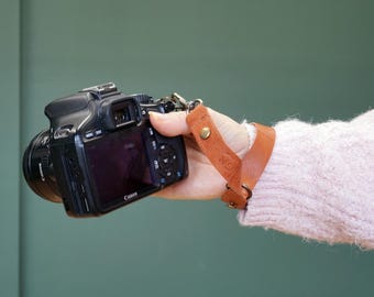Personalized Leather Camera Wrist Strap: Cognac Tan Italian Leather