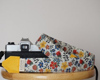 Floral Camera Strap, Red Yellow Flowers DSLR Camera Strap, Photography Accessories, Handmade Neck Strap, Liberty of London Edenham T Cream