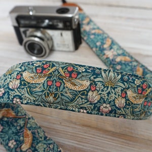 Birds & Flowers Camera Strap, DSLR Camera Sling, Padded Strap, Outdoor Photography Liberty of London Fabric Strap Strawberry Thief Green image 8