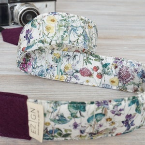 WildFlowers Camera Strap, Purple Floral Fabric DSLR Camera Strap, Photography Camera Geeks, Liberty of London Cotton Fabric