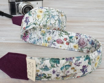 WildFlowers Camera Strap, Purple Floral Fabric DSLR Camera Strap, Photography Camera Geeks, Liberty of London Cotton Fabric