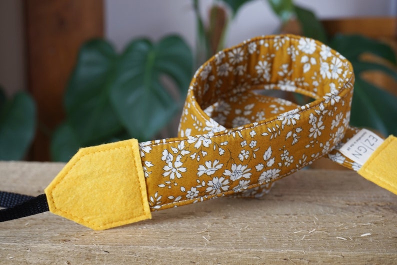 Sunshine Blooms Camera Strap, Mini Floral Yellow Fabric DSLR Strap, Birdwatching, Liberty of London Capel Mustard BEST SELLER image 4