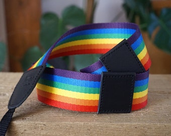 Rainbow Stripe Camera Strap, New Season, Black Leather DSLR Camera Strap, Woven Webbing, LGBTQ Pride Gifts, 2024 Photography Collection