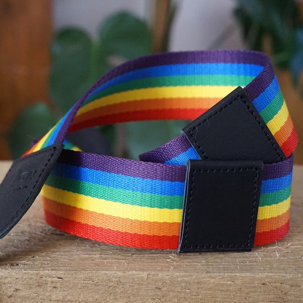Rainbow Stripe Camera Strap, New Season, Black Leather DSLR Camera Strap, Woven Webbing, LGBTQ Pride Gifts, 2024 Photography Collection