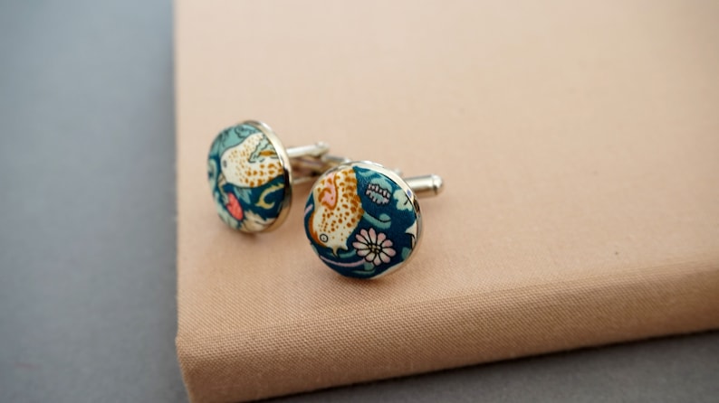 New Season Cufflink, Strawberry Thief Green Floral Wedding Gift, Silver Plated Cufflink Set, Bestman Gift Ideas, Wedding Sets, 2022 image 3