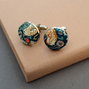 New Season Cufflink, Strawberry Thief Green Floral Wedding Gift, Silver Plated Cufflink Set, Bestman Gift Ideas, Wedding Sets, 2022 image 2