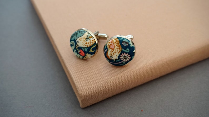 New Season Cufflink, Strawberry Thief Green Floral Wedding Gift, Silver Plated Cufflink Set, Bestman Gift Ideas, Wedding Sets, 2022 image 2