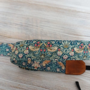 Birds & Flowers Camera Strap, DSLR Camera Sling, Padded Strap, Outdoor Photography Liberty of London Fabric Strap Strawberry Thief Green image 7