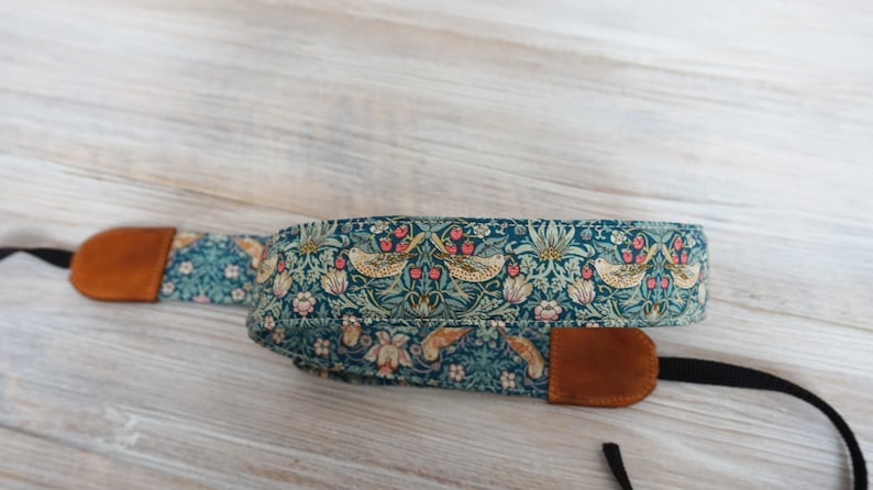Birds & Flowers Camera Strap, DSLR Camera Sling, Padded Strap, Outdoor Photography Liberty of London Fabric Strap Strawberry Thief Green image 7