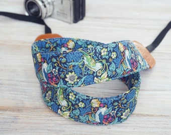 Dragonne Blue Birds pour appareil photo, porte-jumelles Liberty of London, célèbre impression William Morris