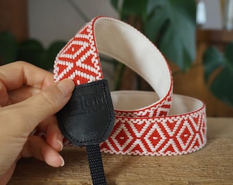 Red Diamond Shape Camera Strap: Woven Webbing with Black Leather End-tabs