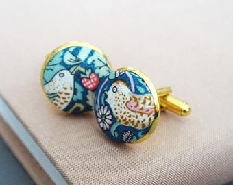 Strawberry Thief Cufflinks: Liberty London Fabric, Gold Plated Wedding Set