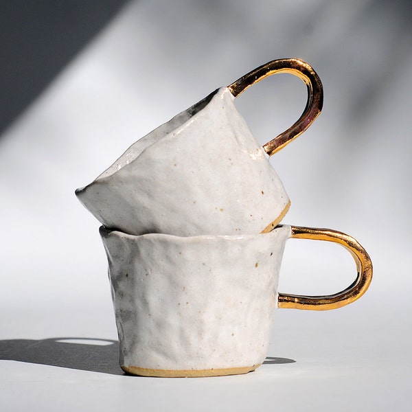 MOONSHINE MUG - Hand Built - Speckled Stoneware Clay - Milky White Glaze - Gold Lustre