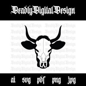 May include: Black and white silhouette of a bull skull with horns. The image is for digital download in ai, svg, pdf, png, and jpg formats.