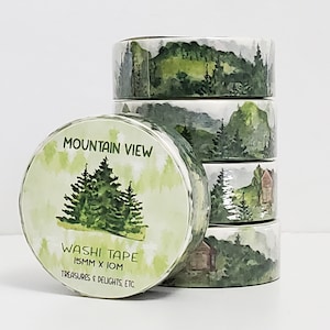 Mountain View Washi Tape, Watercolor Forest Trees Washi Tape, Nature Landscape Meadows Deco Tape