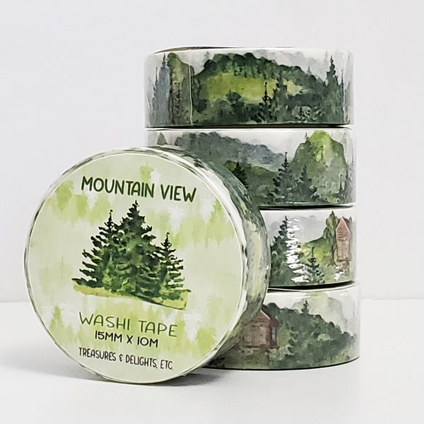 Mountain View Washi Tape, Watercolor Forest Trees Washi Tape, Nature Landscape Meadows Deco Tape