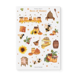 Bees & Honey Sticker Sheet, Bee Stickers, Honey Stickers, Bee Hive, Journal Stickers, Planner Stickers, Scrapbook stickers
