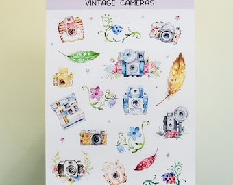 Vintage Camera Sticker Sheet, Watercolor Camera, Journaling Stickers, Planner Stickers, Scrapbook stickers