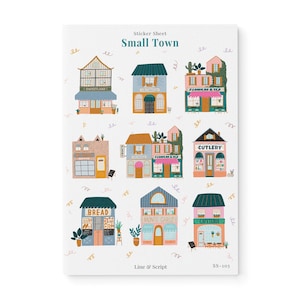 Small Town Sticker Sheet, City Building Travel, Journaling Stickers, Planner Stickers, Scrapbook stickers