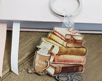 Book Stack Keychain, Book Lover Keychain, Stack of Books Keychain, Acrylic Book Key Chain, Bookaholic Keyring Gift, Book and Coffee Key Ring