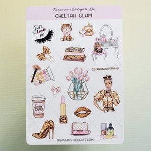 Hoja de pegatinas Cheetah Glam, pegatinas de guepardo, pegatinas Glam, pegatinas de maquillaje, pegatinas del planificador, pegatinas de álbum de recortes