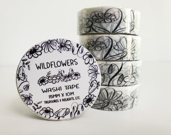 Wildflowers Washi Tape, White Wildflowers Washi, Floral Washi Tape, Spring Flowers, Summer Washi Tape, Decorative Masking Tape, Ephemera