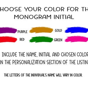 Peut inclure: Un tableau montrant six options de couleurs pour une initiale de monogramme. Les couleurs sont le violet, l'or, le bleu, le rouge, le vert et le rose.