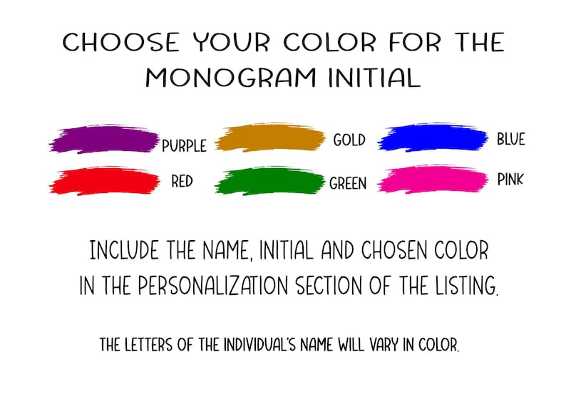 Peut inclure: Un tableau montrant six options de couleurs pour une initiale de monogramme. Les couleurs sont le violet, l'or, le bleu, le rouge, le vert et le rose.