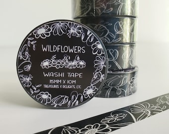 Wildflowers Washi Tape, Black Wildflowers Washi, Floral Washi Tape, Spring Flowers, Summer Washi Tape, Decorative Masking Tape, Ephemera