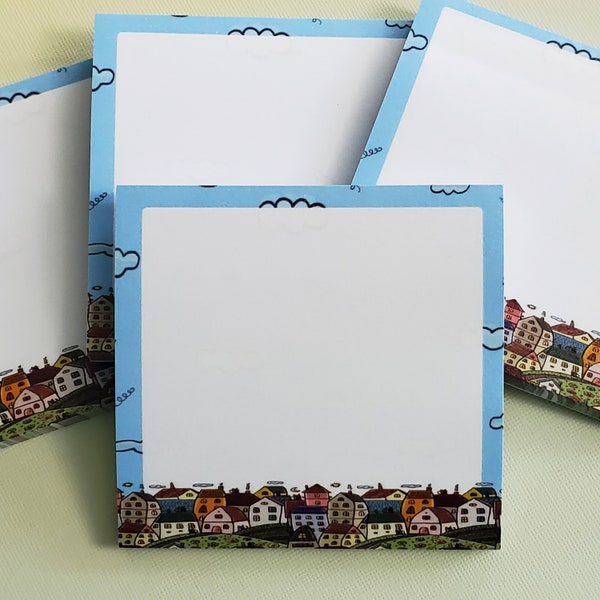 Charming Village Sticky Notes, Colorful Houses Memo Pad, Cute Houses Post-It Notes, Small Town Village Sticky Notes Pad