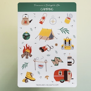 Hoja de pegatinas de camping, pegatinas de camping, aventuras, pegatinas de diario, pegatinas del planificador, pegatinas de álbumes de recortes
