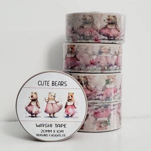 Cute Bears Washi Tape, Floral Deco Tape, Flowers Journal Washi Tape, Bookish Gift, Crafting Tape