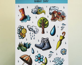 Rainy Day Sticker Sheet, Weather Stickers, Rain Stickers, Rain Boots, Umbrella, Journal Stickers, Planner Stickers, Scrapbook stickers