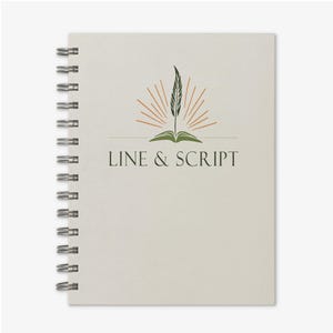 May include: A spiral-bound notebook with a cream-colored cover. The cover features a logo of an open book with a feather and the words "LINE & SCRIPT" in a dark green font. The notebook's spiral binding is silver.