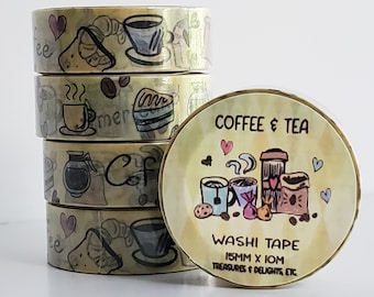 Coffee & Tea Washi Tape,  Coffee Decorative Tape, Coffee Cups Washi Tape, Latte Expresso Washi, Journal Washi Tape