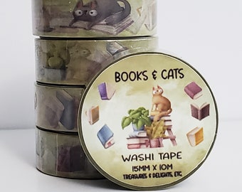 Books & Cats Washi Tape,  Book Lover Washi Tape, Deco Tape, Cats Washi Tape, Masking Taprna