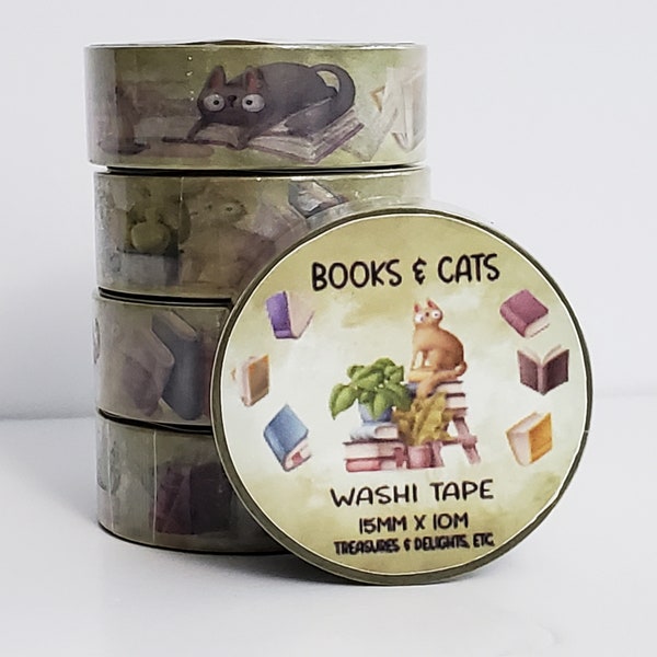 Books & Cats Washi Tape,  Book Lover Washi Tape, Deco Tape, Cats Washi Tape, Masking Taprna