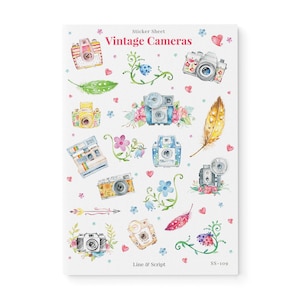 Vintage Cameras Sticker Sheet, Watercolor Camera, Journaling Stickers, Planner Stickers, Scrapbook stickers