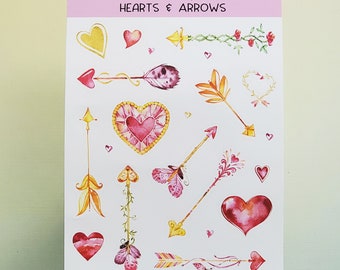 Hearts & Arrows Sticker Sheet, Heart Stickers, Arrow Stickers, Journaling Sticker, Planner Stickers, Scrapbook sticker