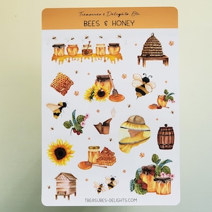 Stickervel bijen en honing, bijenstickers, honingstickers, bijenkorf, dagboekstickers, plannerstickers, plakboekstickers